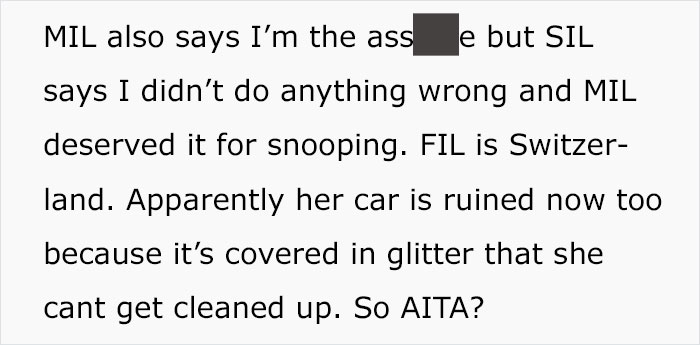 Mother-In-Law Always Snoops Around The House, So The Wife Decided To Plant A Glitter Bomb Mother-In-Law Always Snoops Around The House, So The Wife Decided To Plant A Glitter Bomb