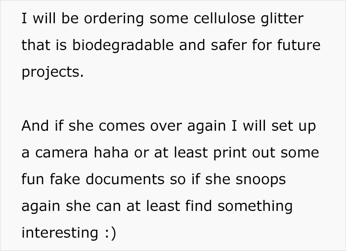 Mother-In-Law Always Snoops Around The House, So The Wife Decided To Plant A Glitter Bomb Mother-In-Law Always Snoops Around The House, So The Wife Decided To Plant A Glitter Bomb