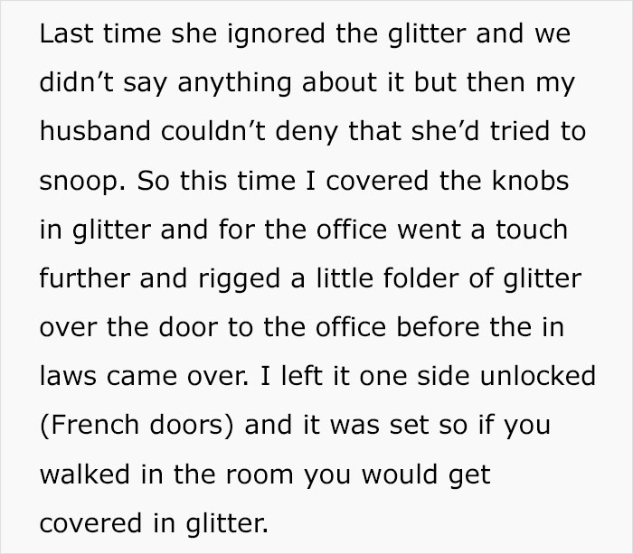 Mother-In-Law Always Snoops Around The House, So The Wife Decided To Plant A Glitter Bomb Mother-In-Law Always Snoops Around The House, So The Wife Decided To Plant A Glitter Bomb