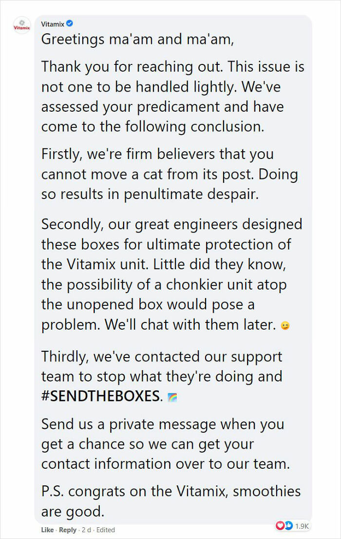 After 2.5-Week &lsquo;War&rsquo; With 3 Cats, Woman Contacts Vitamix Asking For Empty Boxes To Replace The One Her Cats Took Over With New Blender Inside