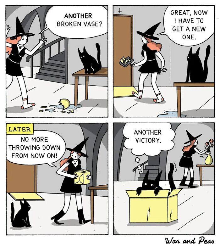 Comic strip with a witch and cat showing unexpected plot twists and endings in a humorous way.