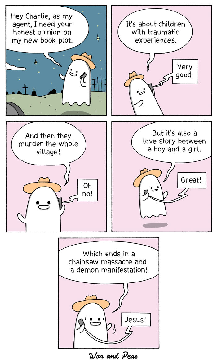 Comic strips featuring unexpected plot twists and surprising endings in a humorous ghost character story.