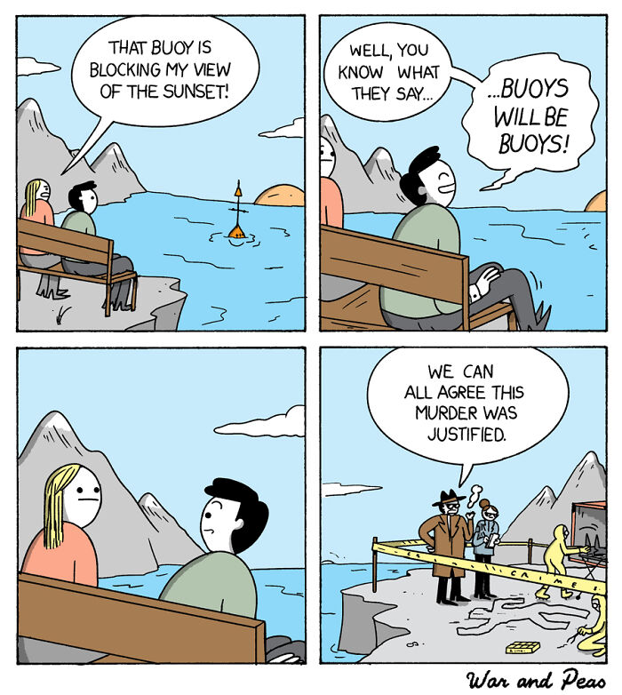 Comic with unexpected plot twists showing a sunset view blocked by a buoy and a surprising m****r scene ending.