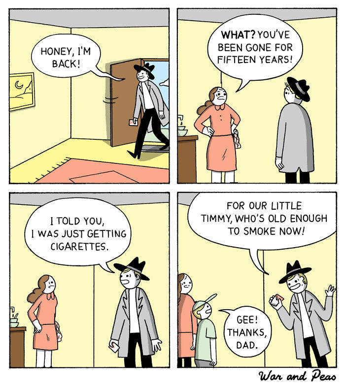 Comic with unexpected plot twists showing a man returning after 15 years and surprising his family in a humorous way.