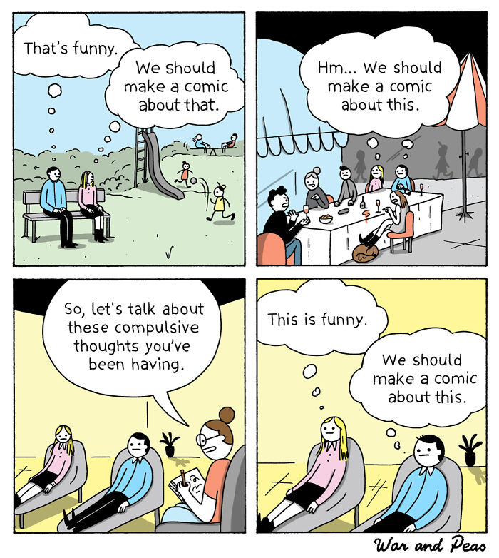 Comic panels depicting characters repeatedly deciding to make comics about their funny or compulsive thoughts, highlighting unexpected plot twists.