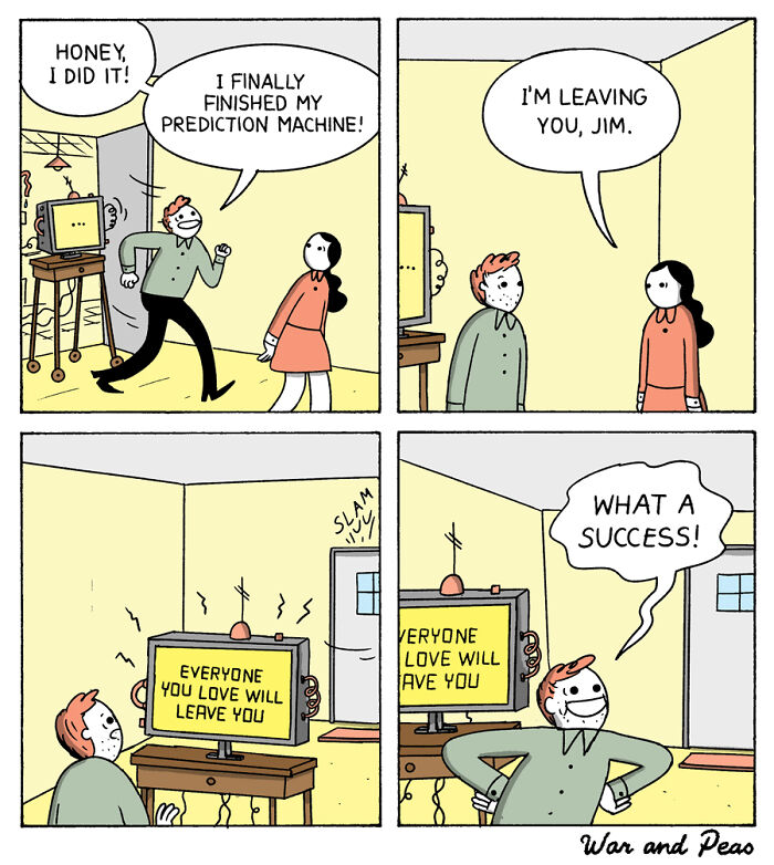 Man shows woman his prediction machine in comic with unexpected plot twists and endings about love leaving someone.