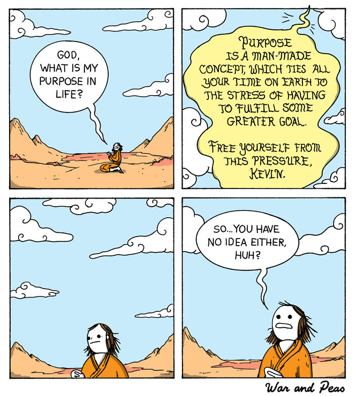 Comic strip with unexpected plot twists showing a man questioning his purpose in life in a desert setting.