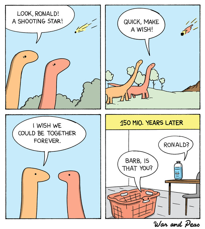 Comic strip with unexpected plot twists showing dinosaurs wishing on a shooting star and objects speaking 150 million years later.