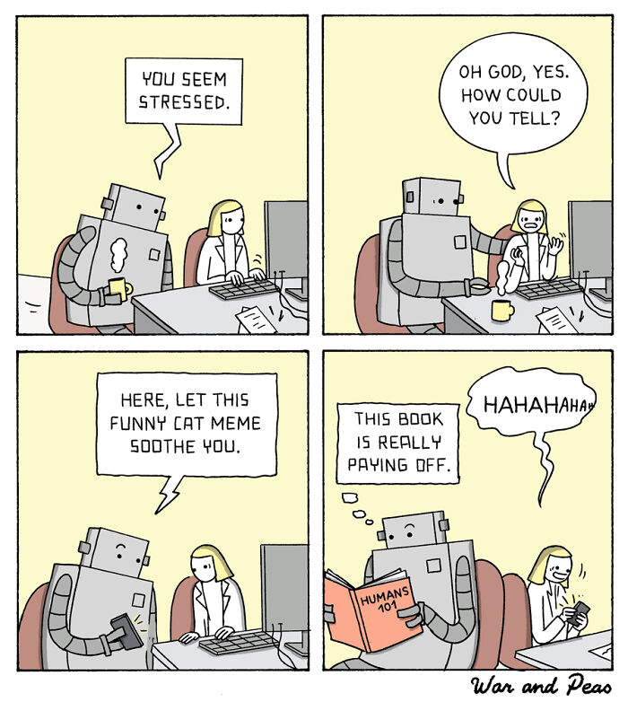 Comic strip featuring a robot and a woman with unexpected plot twists and humorous endings in a workplace setting.