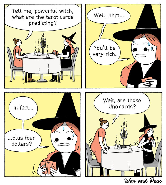 Comic scene showing a tarot card reading with unexpected plot twists and humorous ending about Uno cards.
