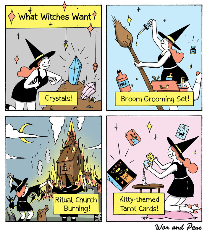 Comic panels showing a witch with crystals, broom grooming set, ritual church burning, and kitty-themed tarot cards with unexpected plot twists.