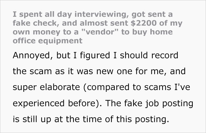 Person Fails To See Red Flags That They Are Being Scammed For $2.2k With Fake Employment Scam