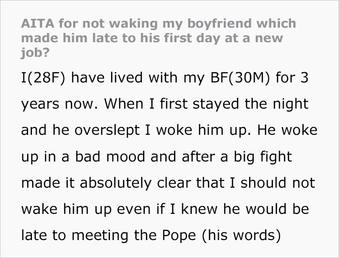 &ldquo;AITA For Not Waking My Boyfriend Which Made Him Late To His First Day At A New Job?&rdquo;