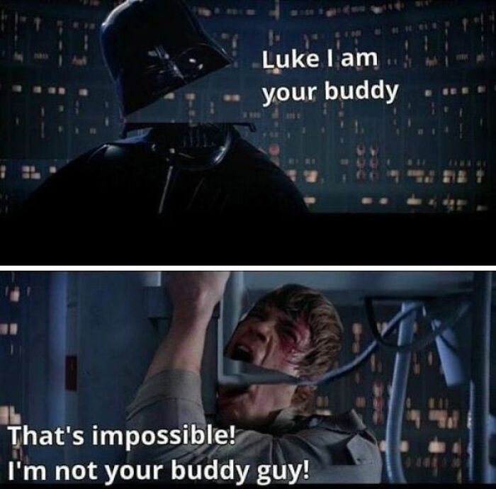 Darth Vader and Luke in a humorous scene, referencing Canadian stereotypes with playful dialogue about being "buddy."