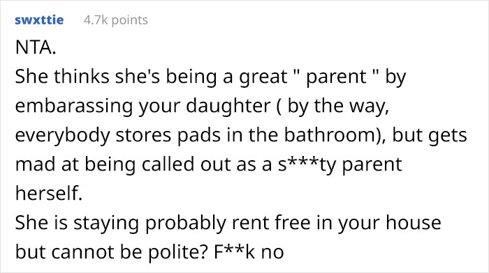 Dad Brings Up Sister’s Affair After She Tried To Convince His 11-Year-Old Daughter That She Shouldn’t Keep Pads In The Bathroom Dad Brings Up Sister’s Affair After She Tried To Convince His 11-Year-Old Daughter That She Shouldn’t Keep Pads In The Bathroom
