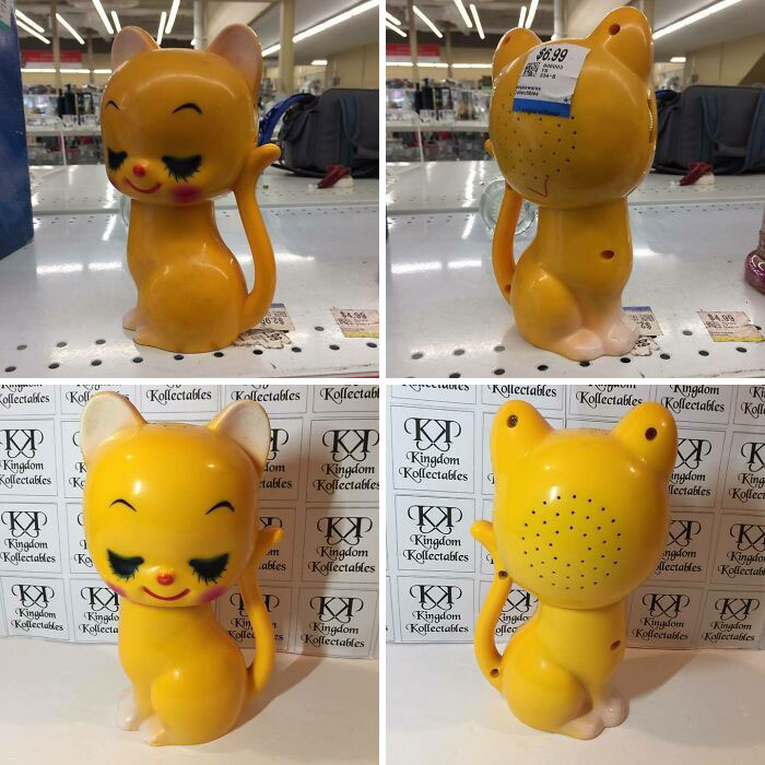 Radio de transistor de gato antiguo, hecho en Hong Kong alrededor de 1970 por $ 6.99. Esta cosa se limpia realmente bien con Goo Gone y paño de microfibra. ¡Qué hallazgo!