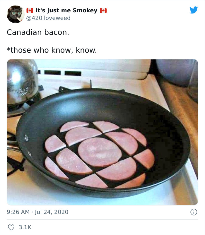 Canadian stereotypes meme showing Canadian bacon arranged in a pan like a logo.