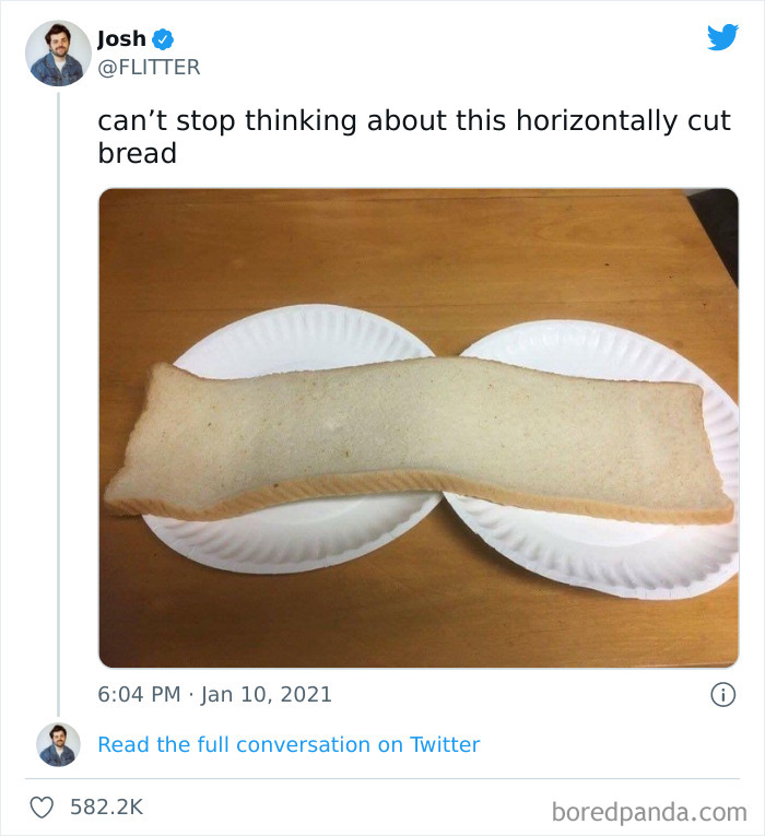 Horizontally cut bread on two plates, featured in a collection of cursed foods.