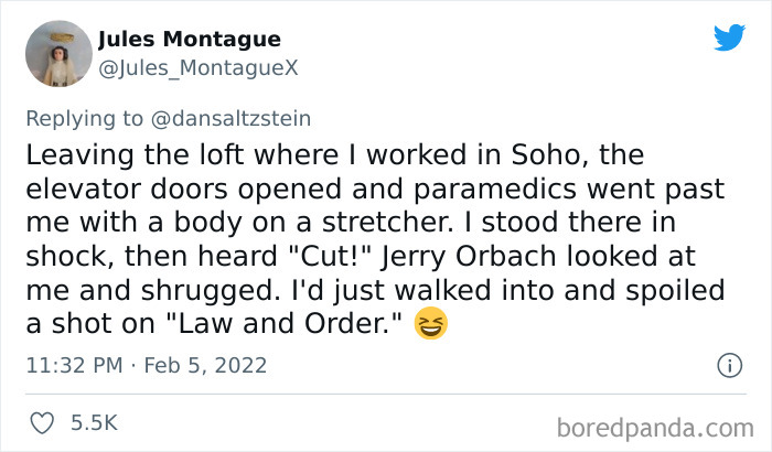 Tweet screenshot sharing a bizarre experience in New York involving paramedics and a Law and Order filming in Soho.