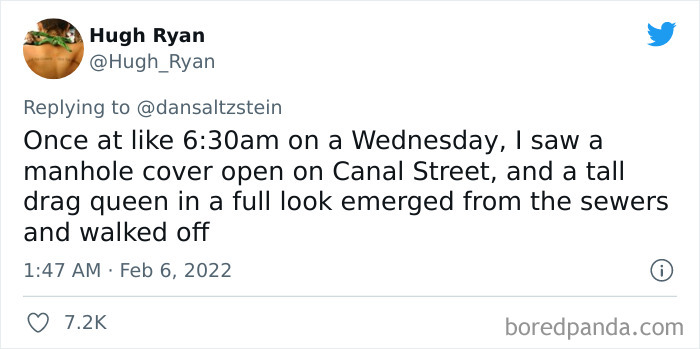 Tweet showing a New Yorker’s quirky and weird experience of a drag queen emerging from a manhole on Canal Street.