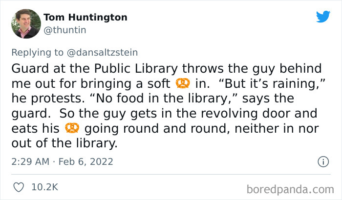 Tweet showing a New York City library guard ejecting a man with food, capturing weird and wholesome NYC experiences.