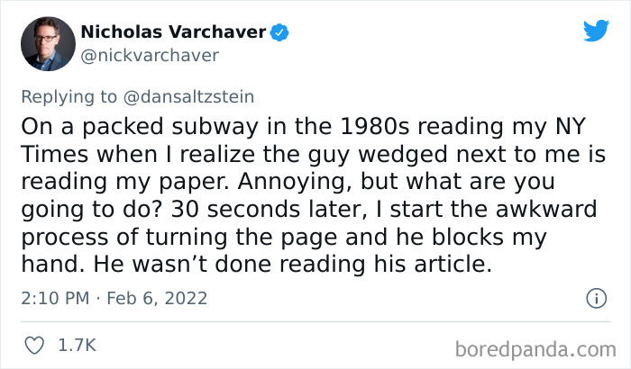 Tweet screenshot of a New Yorker sharing a weird and awkward experience on a packed subway in New York in the 1980s.