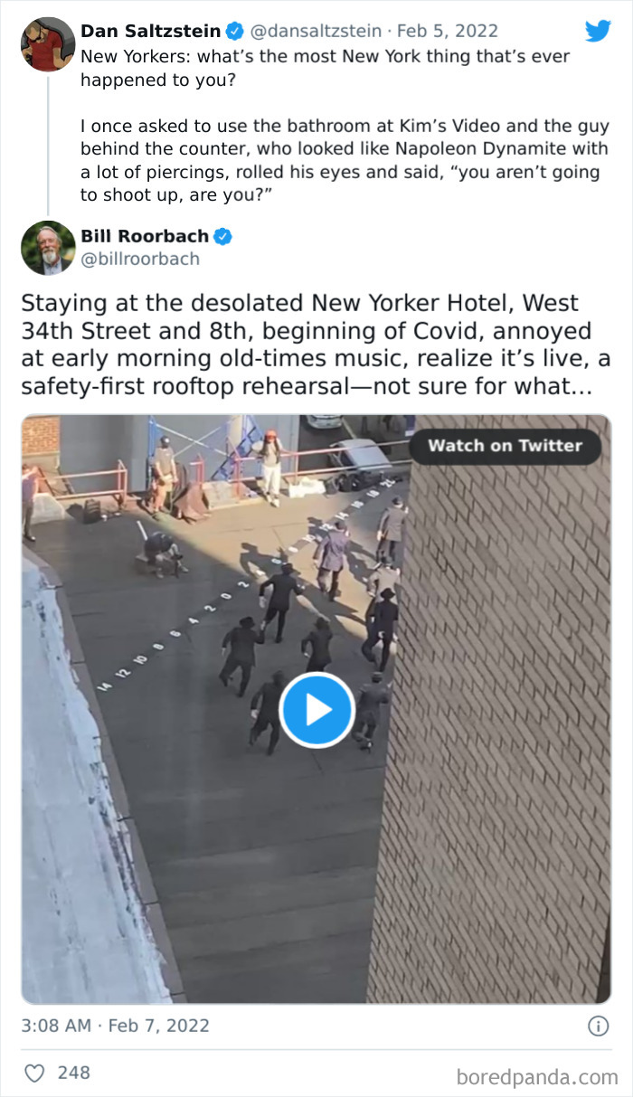 Social media post showing New Yorkers sharing weird and wholesome experiences with rooftop rehearsal in the city.