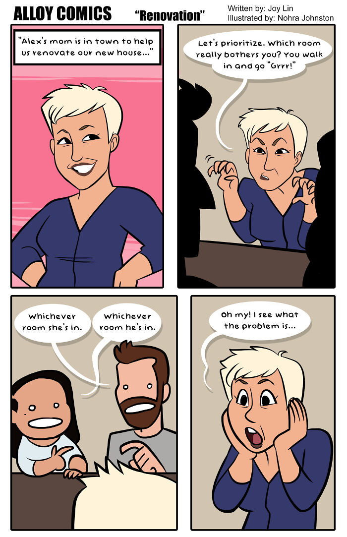 Comic depicting a humorous scene about marriage and renovation, featuring a woman and her witty response.