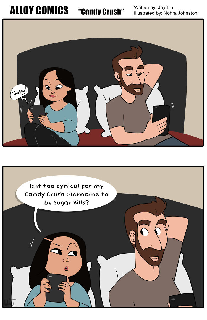 Couple in bed, woman playing Candy Crush, humorously debating username in comic about marriage.