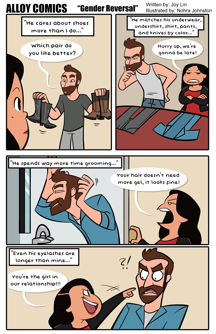Comic illustrating gender roles in marriage with a humorous twist; includes shoe and grooming discussions.