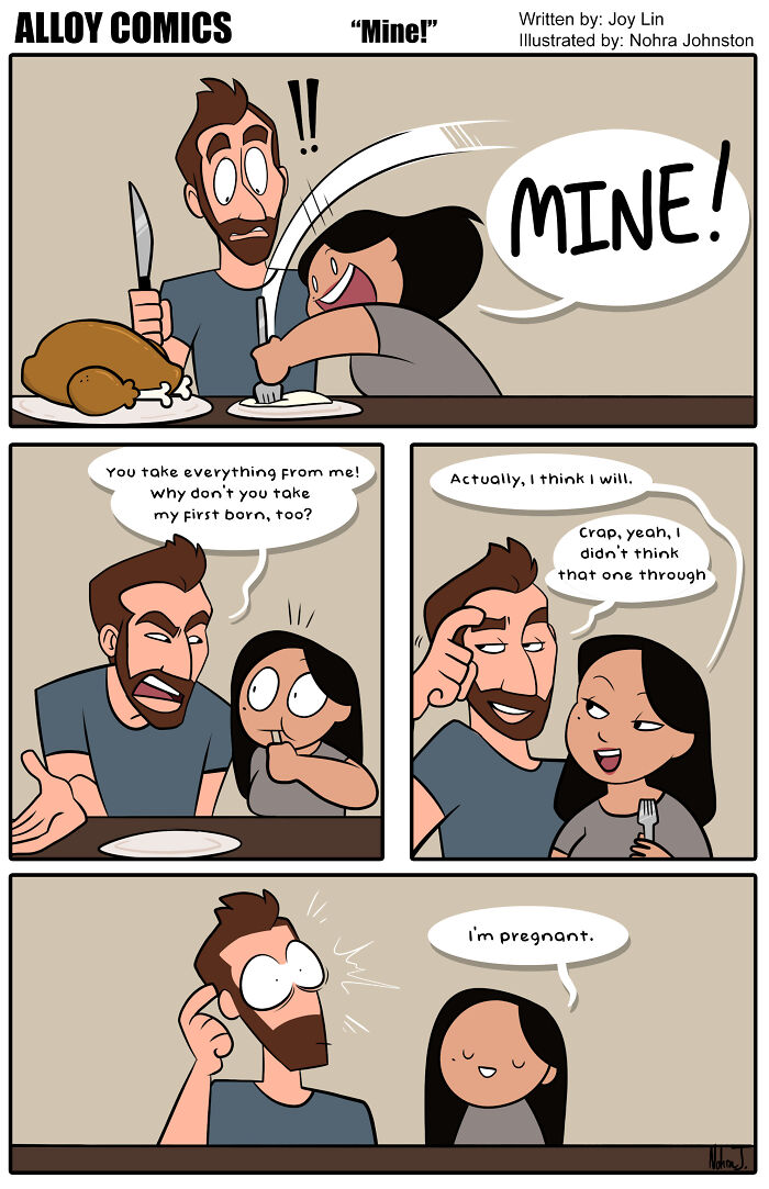 Comedic comic strip depicting a couple discussing food and pregnancy, highlighting marriage and pregnancy humor.