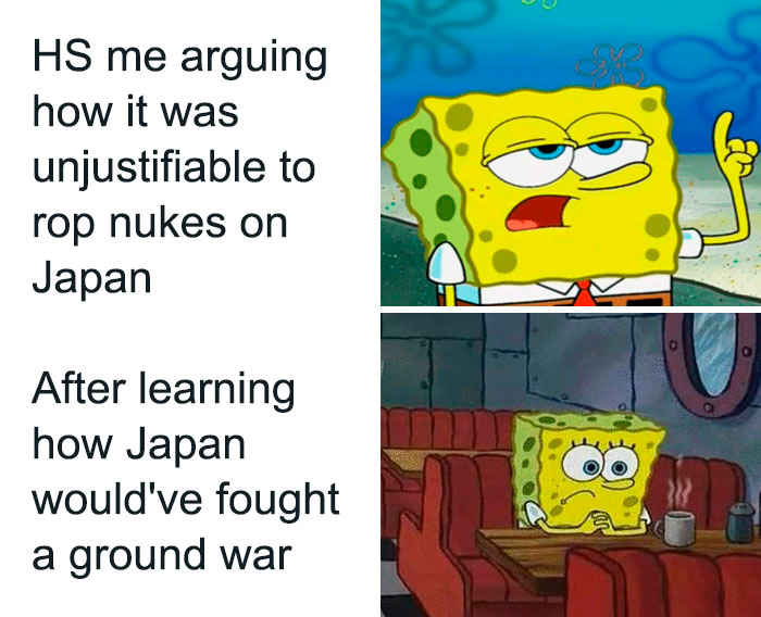 SpongeBob meme showing a character debating the use of nukes on Japan, a popular history meme format.