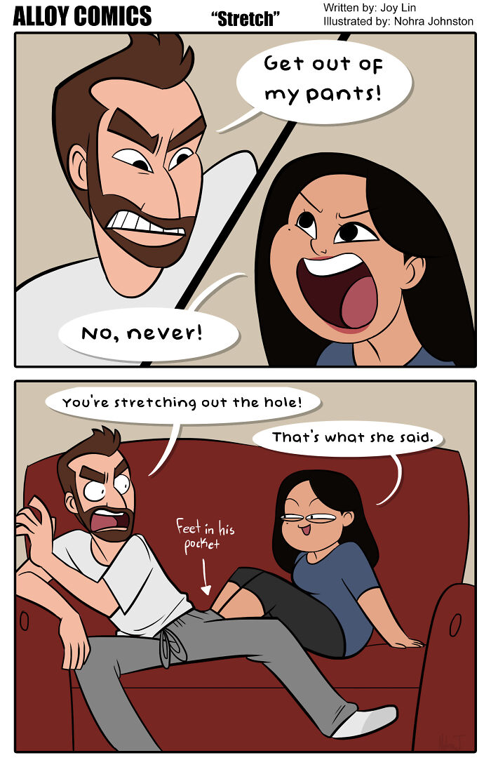 Comic of a couple humorously arguing about pants, capturing marriage dynamics in a playful setting.
