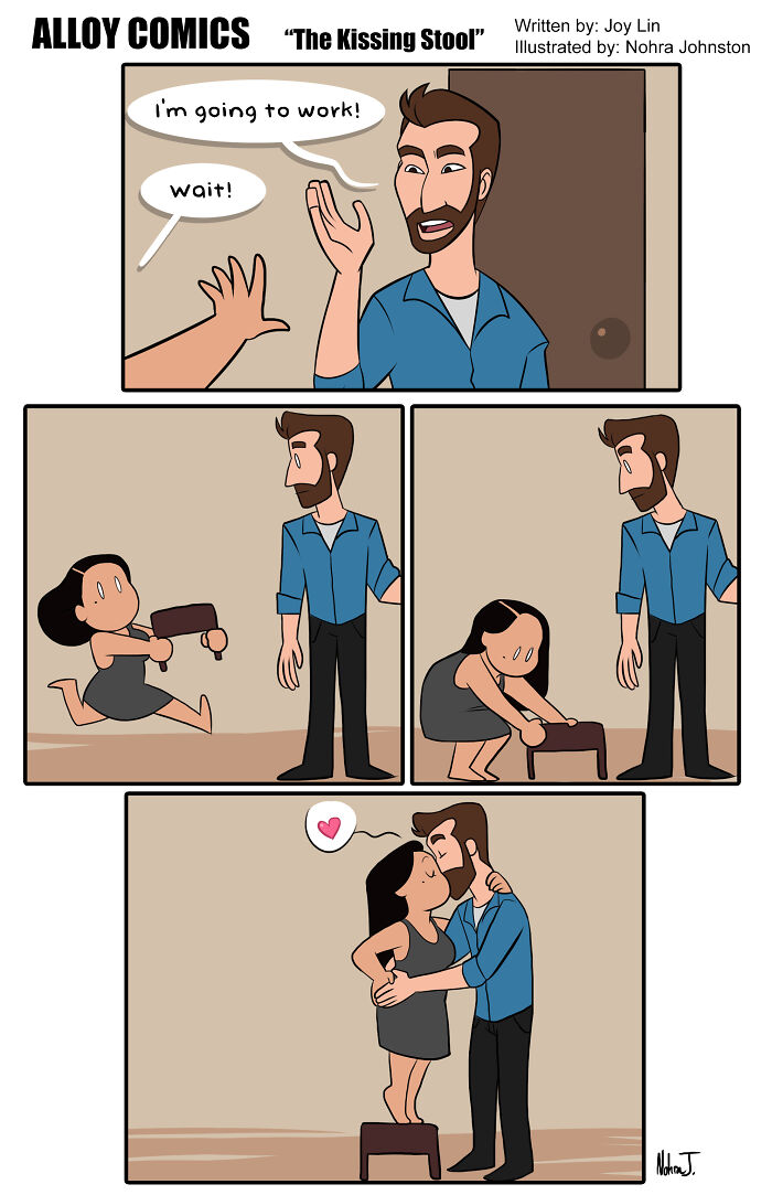 Comic showing a couple, with the woman using a stool to kiss her partner; themes of marriage and love are illustrated.