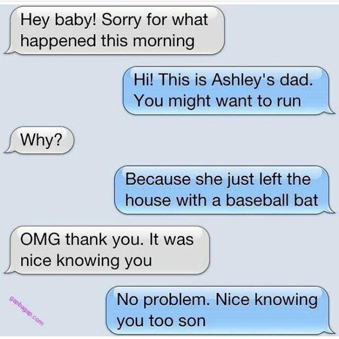 Funny text exchange about Ashley's dad warning someone to run as she left with a baseball bat.