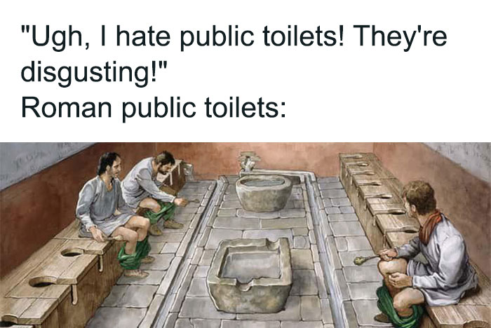 Illustration of Roman public toilets with people sitting on stone seats in a historical funny history meme.
