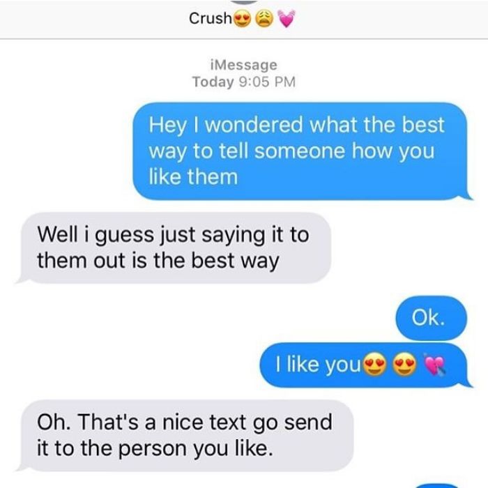 Funny text message exchange about confessing feelings, shared on a humor-focused Instagram account.