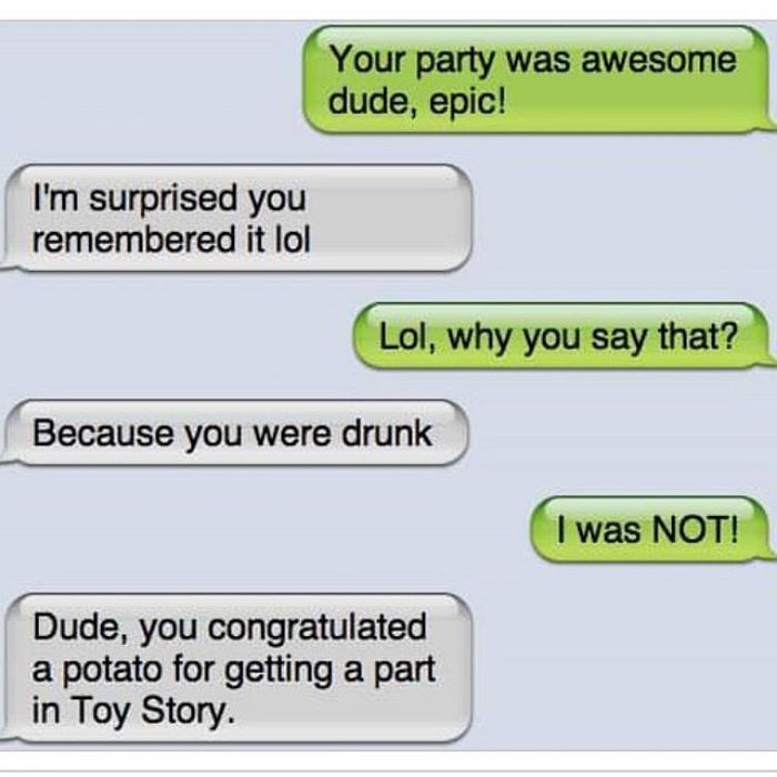 Funny text messages about a party, including a joke about congratulating a potato for a part in Toy Story.