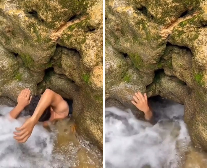 Un hombre se mete en una estrecha cueva submarina