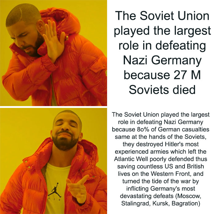 Drake meme contrasting simplified Soviet casualties with detailed history on defeating N**i Germany in funny history memes.
