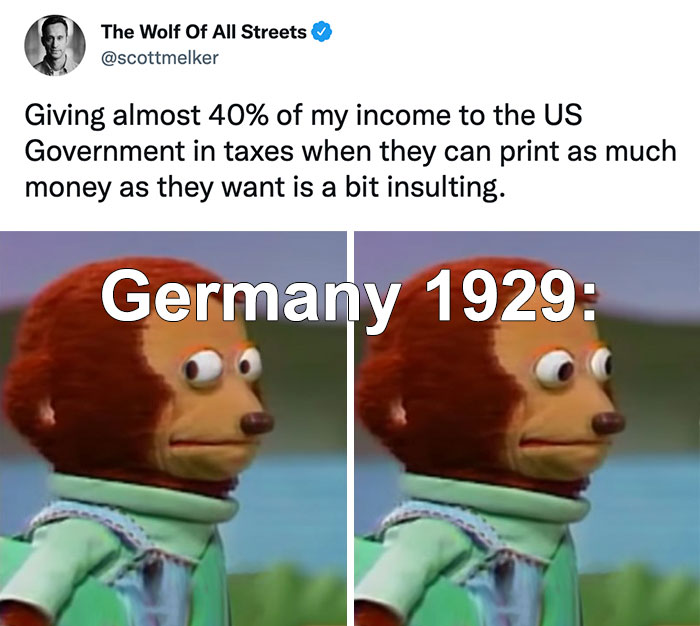 Meme showing a monkey puppet looking sideways with text about Germany 1929 and US taxes, a funny history meme shared online.