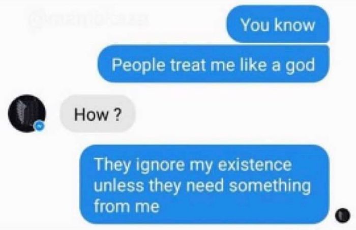 Funny text message exchange about being ignored like a god.