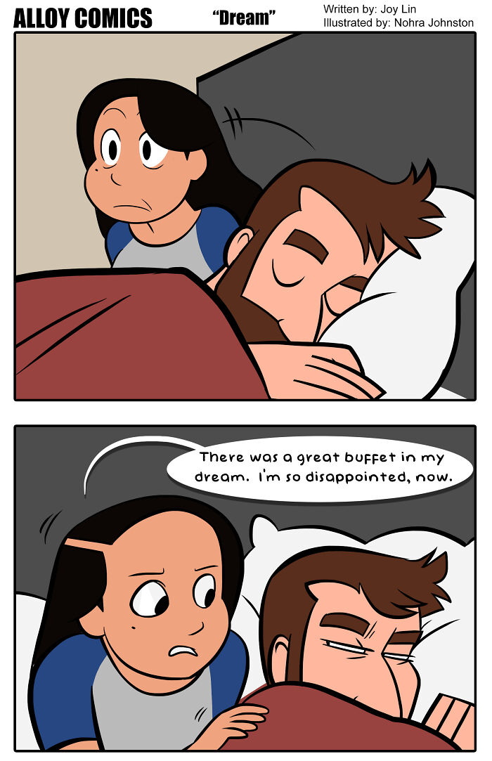 Comic illustration of a couple in bed, discussing a dream about a buffet, capturing marriage humor.