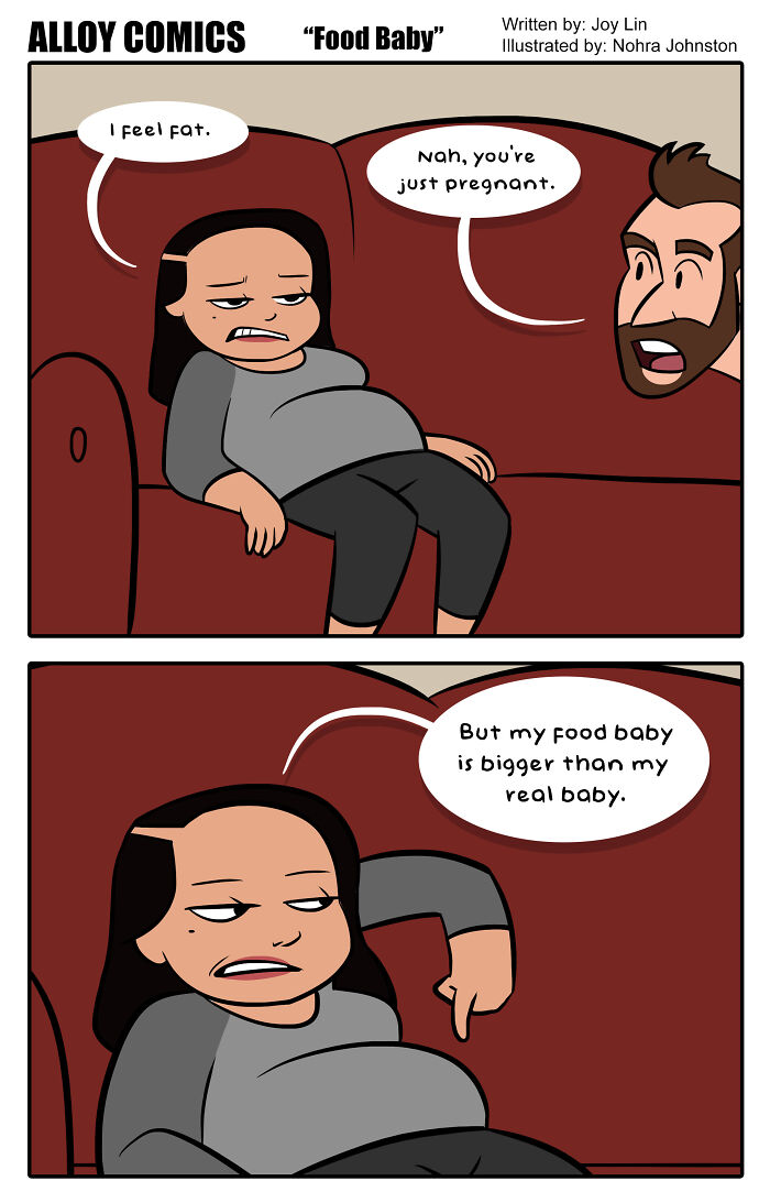Pregnant woman on a couch humorously discussing her "food baby" with a man in a comic illustration.