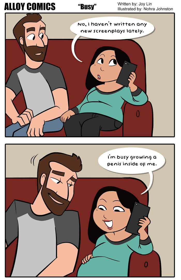 Comic illustration capturing marriage and pregnancy, with a couple talking on a couch.