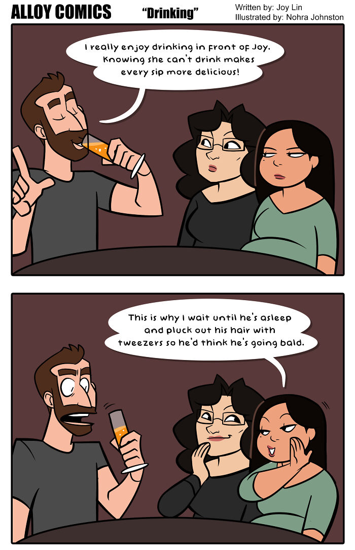 Couple humorously navigating marriage and pregnancy in a comic illustration.