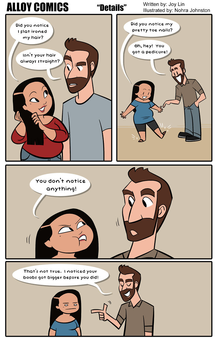 Comic illustration of a couple discussing hair and pedicure; humor about marriage and pregnancy.