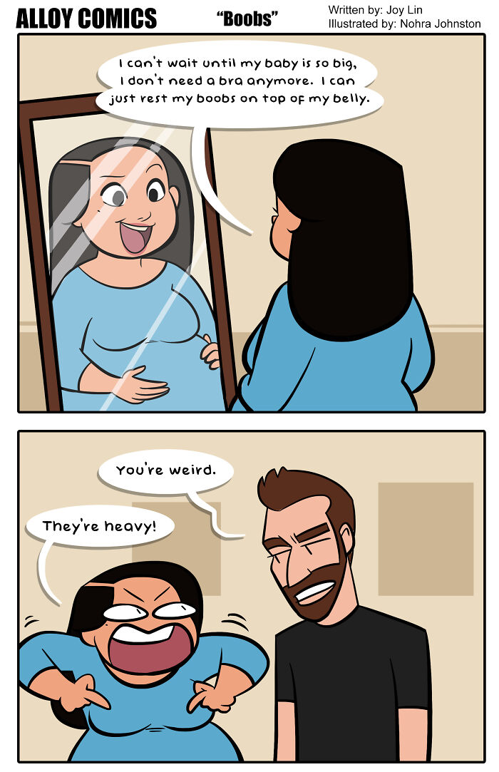 Comic about marriage and pregnancy humor; a woman jokes about resting her chest on her belly, making a man laugh.