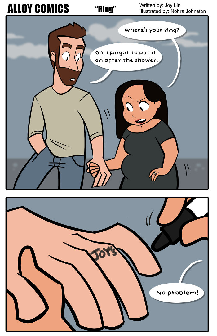 Comic depicting a couple discussing a ring, with humor about marriage and pregnancy.