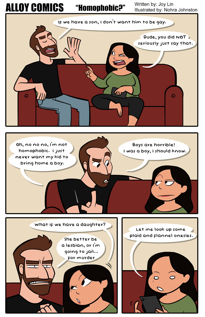Comic of a couple discussing future parenting concerns humorously, highlighting marriage and pregnancy themes.